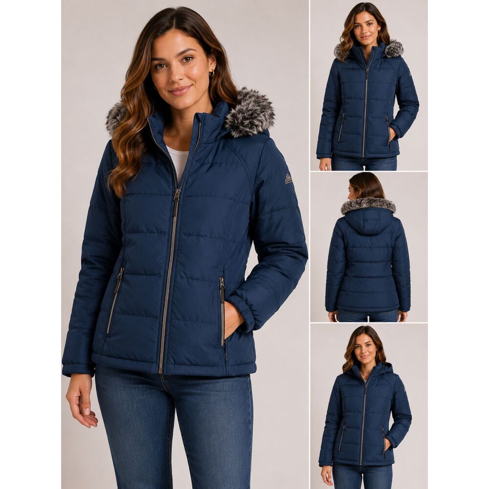 ZeroXposur Black Label Blue Hooded Puffer Jacket Faux Fur Medium